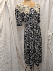 Vintage 1980’s Dark Blue & White Rayon 40’s Style Dress by Karin Stevens Size 14