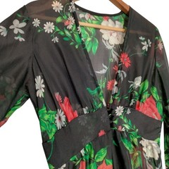 Vintage 1970s Sheer Dress Robe Size 5-6 Black Daisy Floral Hippie Boho