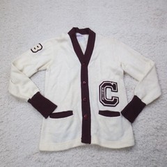 VINTAGE Letterman Sweater Women 36 Beige Cheerleader Cardigan True Vtg 70s 1978