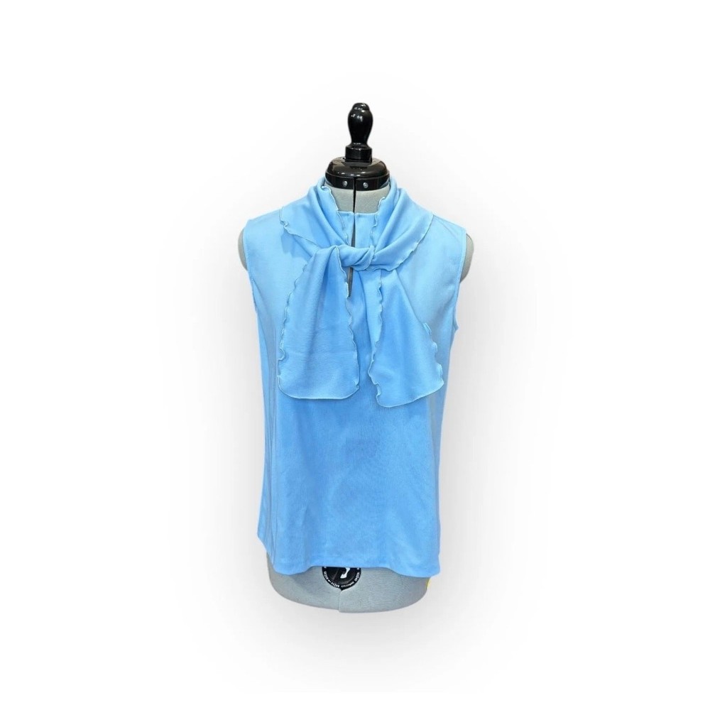 70s Sky Blue Sleeveless Ascot Scarf Blouse Retro Secretary Top Small