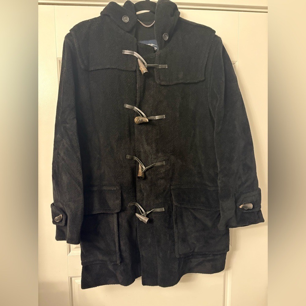VTG Burberry London Wool Mini Duffle Coat Black Toggle Hooded Size 8XM Excellent