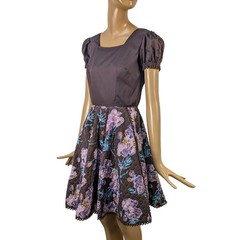 70s Square Dance Co Vintage Brown Quilted Floral Puff Sleeve full skirt Dress