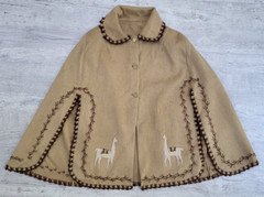Vintage 1970s Embroidered Wool Button Front Cape Poncho with Llamas Peru