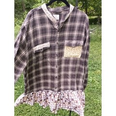 Upcycled Boho Patch Flannel Shirt, Ruffle, Western Hippie Cowgirl Style