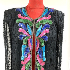 Vintage Beaded Cocktail Jacket Silky Nites by Cherish black beads & multi sequin