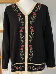 Vtg 70s Dressbarn Button Up Cardigan Sz L Black Red Floral Embroidery Hong Kong