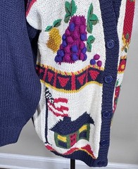 Vintage Talbots Hand Knit Fruit Patriotic School Teacher Cardigan Sweater Sz L