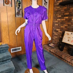 Vtg 80s Flying V Disco Studded Violet Purple Shell Parachute Pants Jumpsuit S/M
