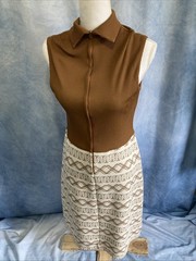 Vtg 70s Mod Geometric Dress & Jacket Set Brown Tan MCM Shift Suit Nemo Zip EUC