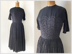 True Vintage 1950’s L’Aiglon Black Party Dress Full Skirt Silk Crepe & Lace S