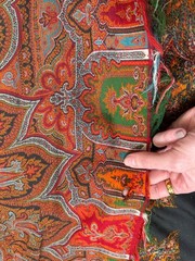 Antique Paisley Tapestry Kashmir Robe or Jacket Red Orange Fringe AS IS