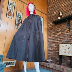 Vtg 70s Goth Riding Hood Rain Cape Shredder Unisex Mens Black Red Cloak Coat OS