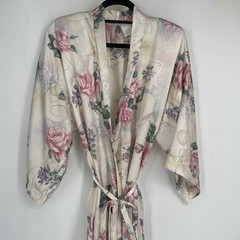 Vintage 90s Adonna Satin Robe Floral White Pink Romantic Belt Large