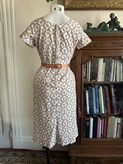 Vintage 1950s 60s White Wiggle Dress Copper Cotton Embroidery Belted Sheath M
