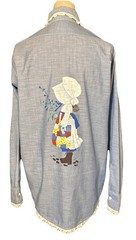Vintage 70’s Hand Painted Holly Hobbie Blue Chambray Shirt White Eyelet Trim