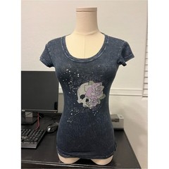 vintage grey skull and rose graphic cap sleeve baby tee