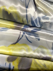 VTG HALSTON Satin SHINY FLORAL SILVER YELLOW LOUNGE PANTS BUTTON UP TOP PJS L 44