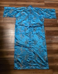 Vintage Golden Dragon Embroidered Satin Kimono Robe – Teal Blue XL