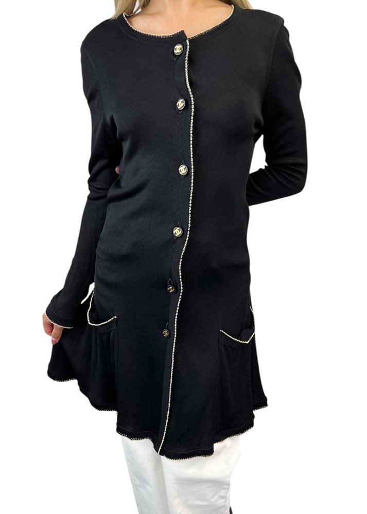 CHANEL Vintage CC Logo Knit Long Cardigan Button Black White Dress 105495