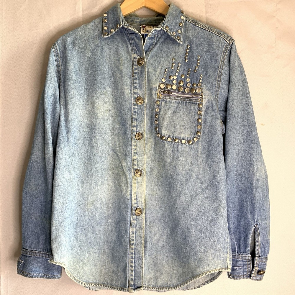 Vintage 80s Monique Denim Button Down Top Bedazzled Studded Size S 6P Acid Wash