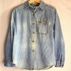Vintage 80s Monique Denim Button Down Top Bedazzled Studded Size S 6P Acid Wash
