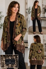 Vintage Carol Little Women’s L Open Front Jacket Art Wear Olive Green Boho Pads