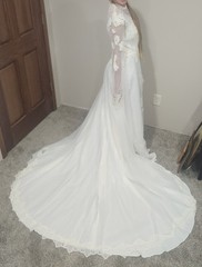 VTG 1970s Beaded Wedding Dress High Neck Illusion Lace Angel Sleeve ILGWU Train