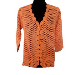 NWT Norm Thompson Coral Orange Crochet Open-Front Cardigan Sweater Size Large