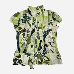 Y2k sheer green floral work top / 10 M/L / funky, retro, interview, office, corp