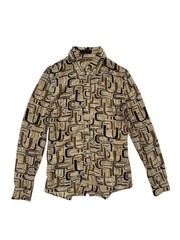 Prada Fall 1996 Retro U Print Brown Silk Chiffon Button Shirt IT 46 Vintage