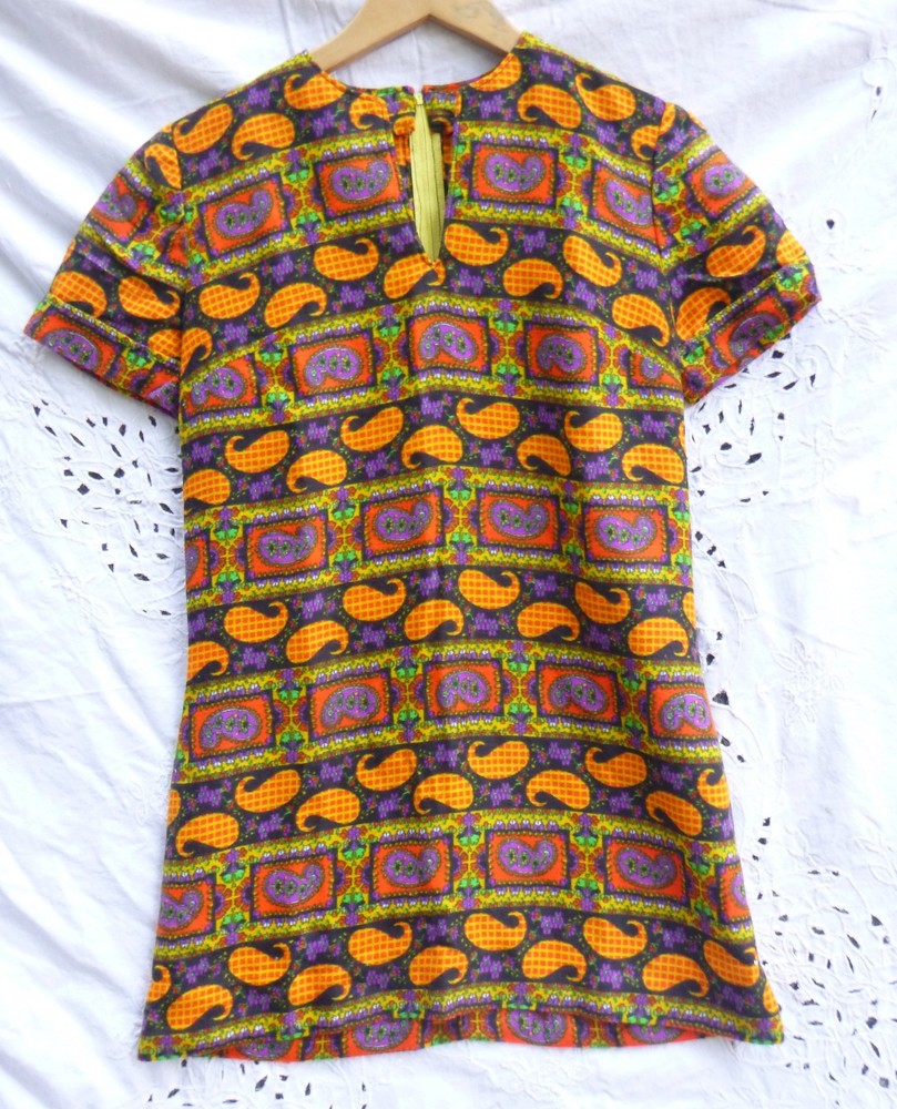 handmade Vintage short sleeve top orange red green yellow purple