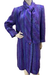 Vtg 80s Sz M Petite Mohair Coat Riel Purple Teal Blue Stripe Necktie Scarf USA