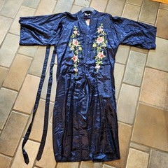 Vtg 60s Silk Navy Blue w Pink/Red ROSES Womens Asian Kimono Robe Golden Bee NWT