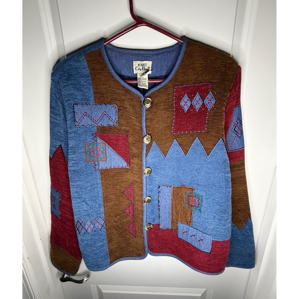 Vintage 90’s Koret City Blues Patchwork Abstract Cardigan Sweater Women’s Large