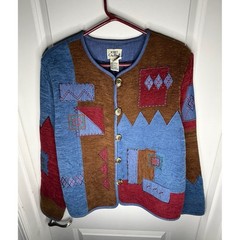 Vintage 90’s Koret City Blues Patchwork Abstract Cardigan Sweater Women’s Large