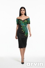 Vintage Alyce Designs Silk Dress Women’s Sz 12 Black Green & Blue Beaded Peacock