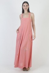 Vtg Pink Cotton Sundress Embroidered Butterfly Gauze Prairie Cottage Dress M