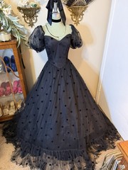 Vintage 1980s Black Tulle Velvet Flocked Ballgown Puff Sleeves Basque Waist Prom