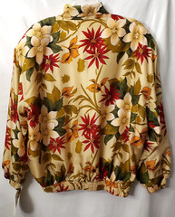 Vintage SILK Bomber Jacket L Coat Floral Red Ivory POCKETS Coastal Grandma 90s