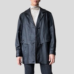 Vintage 90s Black Leather Jacket – Oversized Patchwork Coat- Size M/L