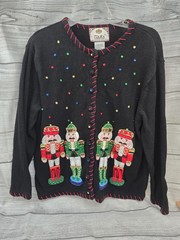 Vtg Tiara International Nutcracker Christmas Sweater Sequins Cardigan Sz LARGE