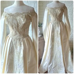 Vtg 80s 90s Lace Wedding Gown In Romantic 50s Style, Ivory, 4/S