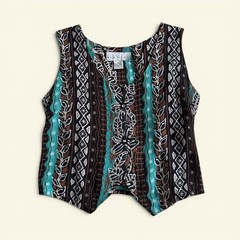 Vintage Style New York Tribal Floral Print Rayon Button Front Tie Back Vest M