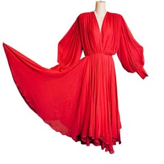 Vintage 80s Red Wayne Clark Long Sheer Sleeve Cocktail Chiffon Dress – 2