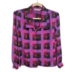 Vintage 80s Blouse Geometric Grid Print Purple Magenta Size 6