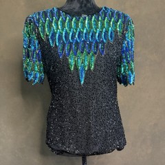 80s Women Stenay Sequin Blouse Top Black Blue Green Beaded Party Glam Occasion