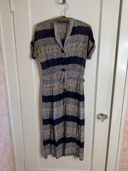 Vtg 1940’s Blue Faux Lace Strip Print Silk Button Front Lightweight Dress sz XS