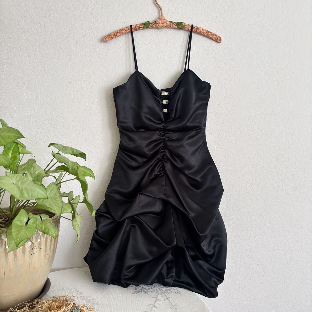 Vintage 80s Black Liquid Satin Mini Dress With Ruching Small Extra Small – ,