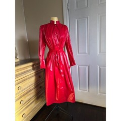 Vintage Cuddlecoat New York Red High Shine Trench Coat Mandarin Collar Belted