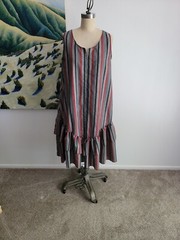 VINTAGE 1980S 1990S HOMEMADE Striped Ruffle Midi Dress size S/M Manes Fabric Co